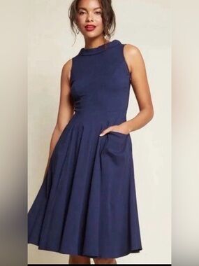 Collectif Navy Sleeveless Midi Swing Dress with High Collar NWT
